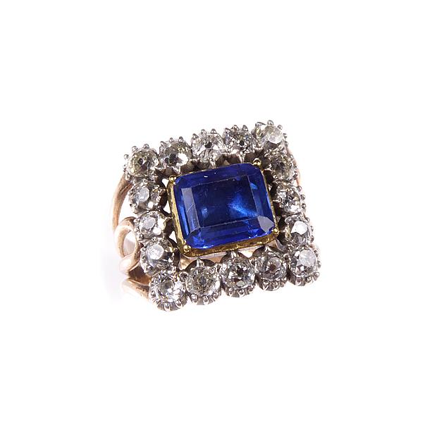 Antique sapphire and diamond square cluster ring, c.1800, formerly ...