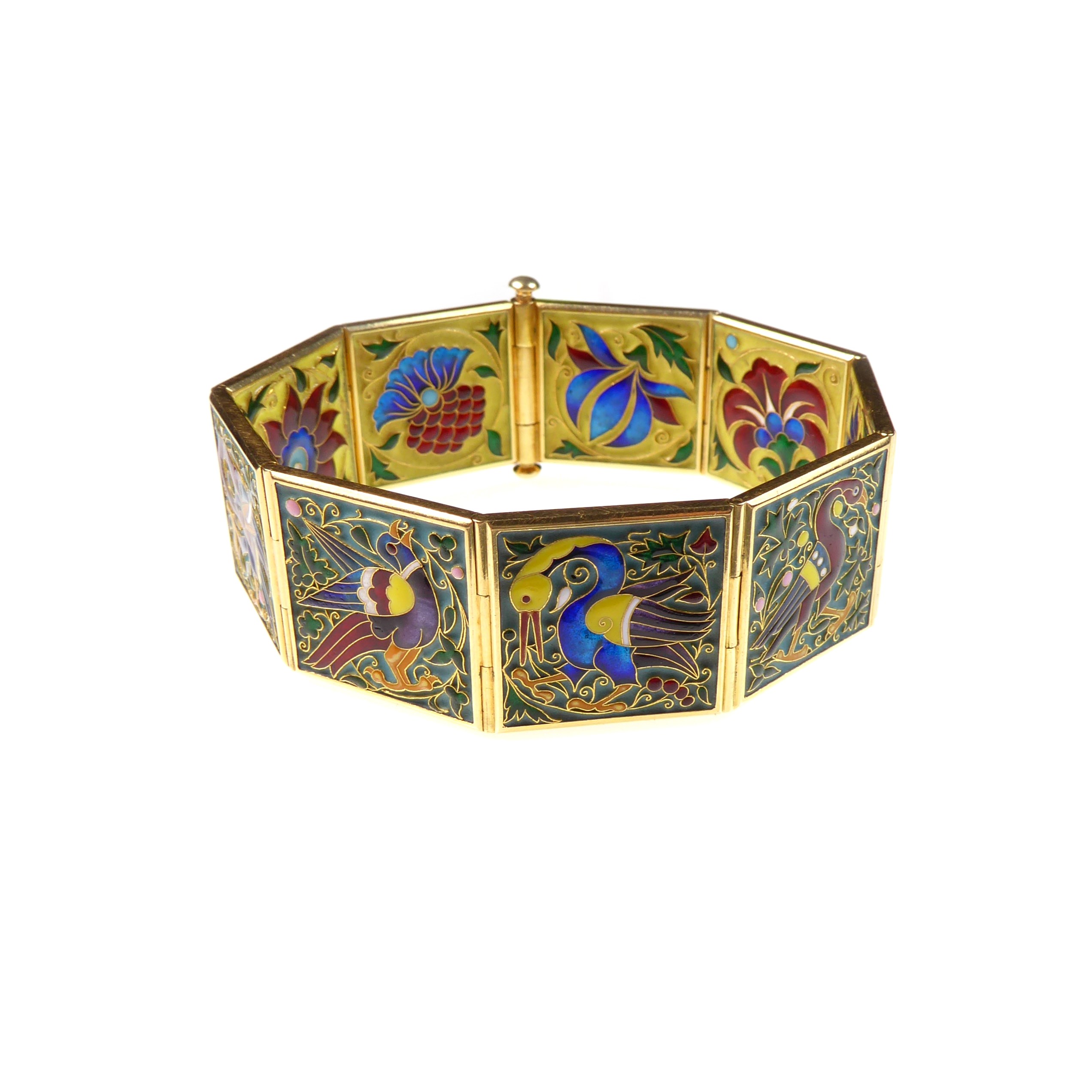 19th century enamel and gold articulated panel bracelet by Falize, Paris  c.1880, featuring birds to one side and flowers to the other, of Persian  and and Japanesque influence, | Object | S. J. Phillips