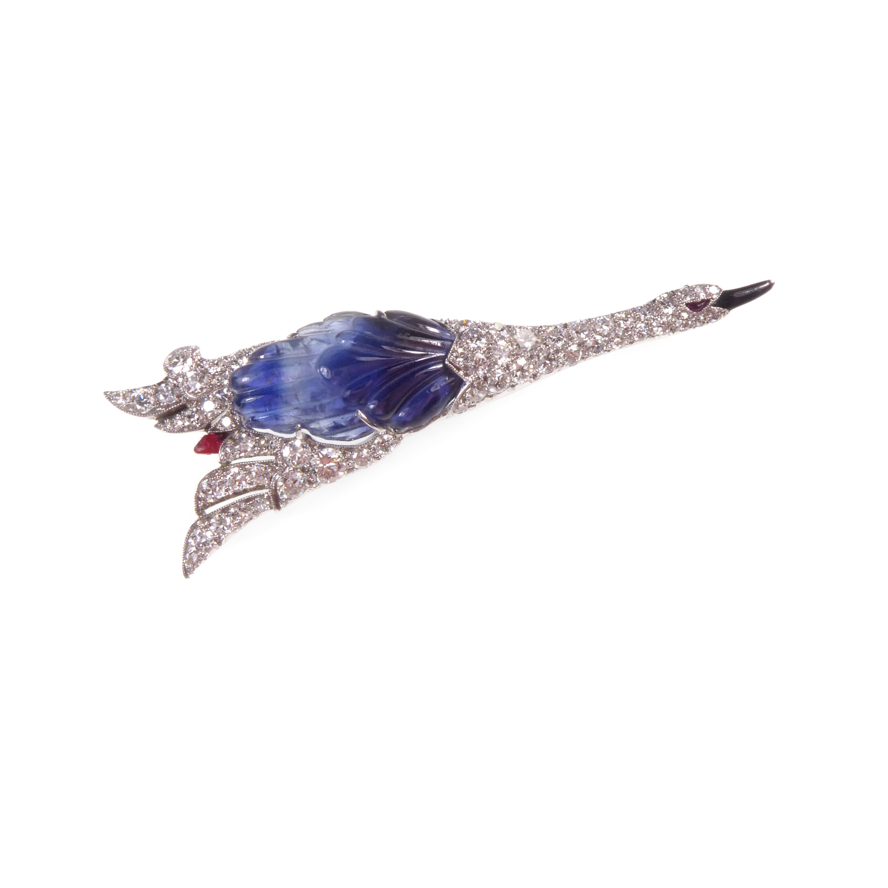 Art Deco carved sapphire diamond and gem flying goose brooch by