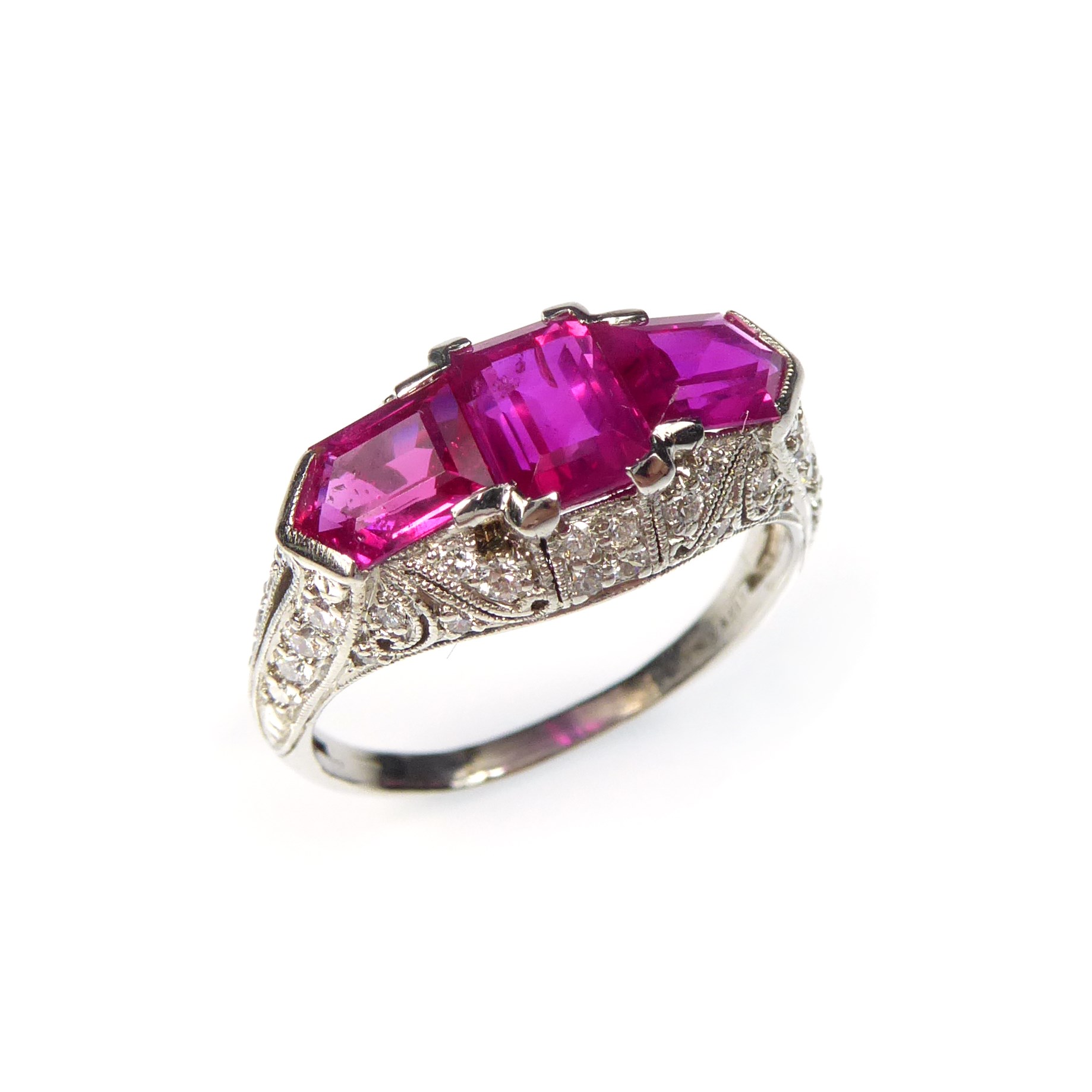 Early 20th century three stone rectangular cut ruby and diamond