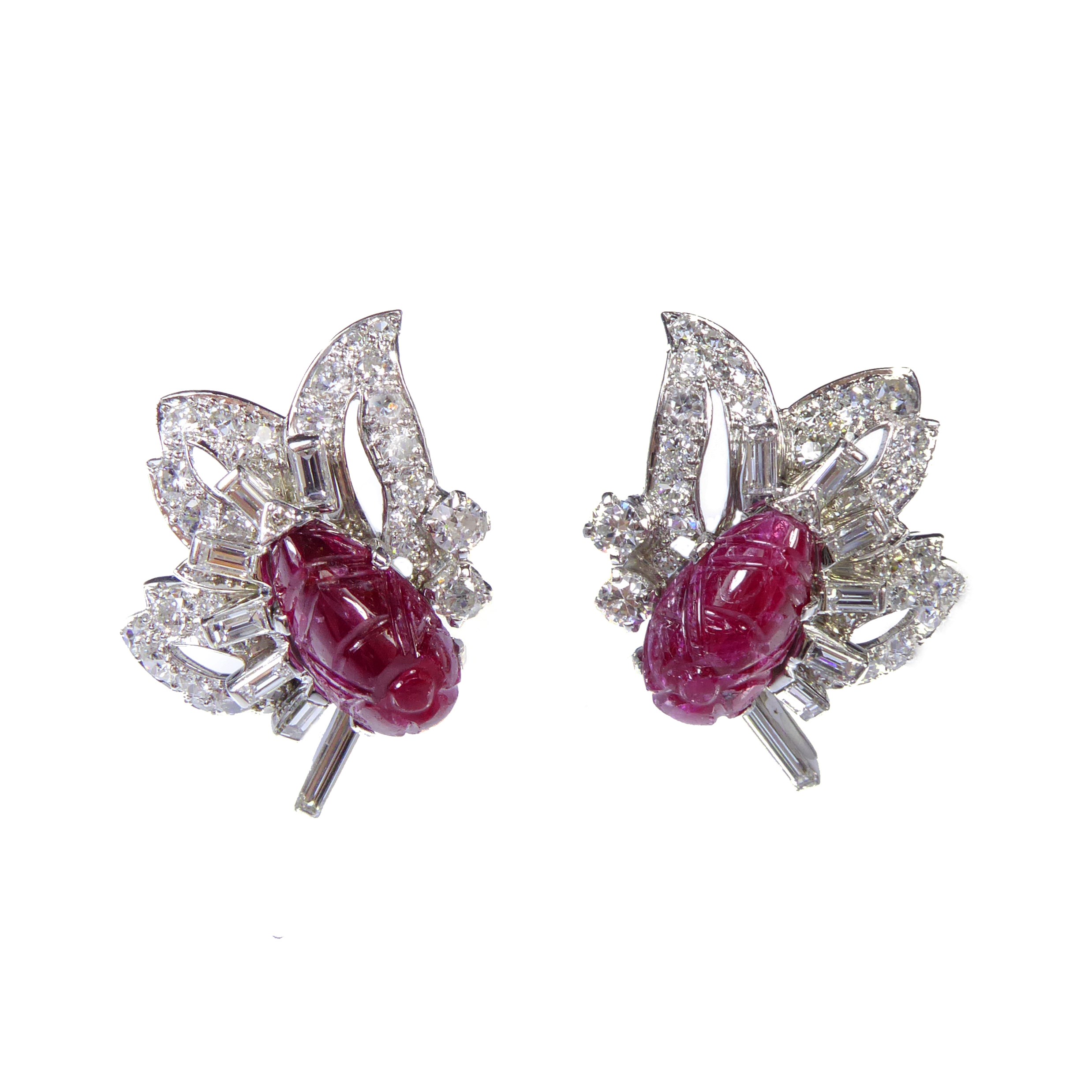 Pair of carved ruby and diamond cluster earrings by Cartier