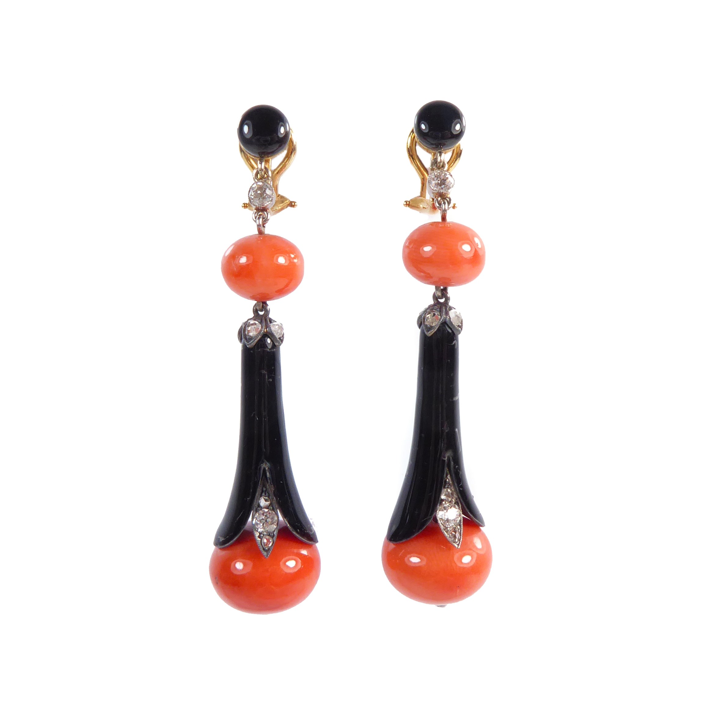 A PAIR OF ART DECO CORAL, DIAMOND, AND ENAMEL EARRINGS, CIRCA 1925. | Art  deco jewelry, Art deco earrings, Deco jewelry