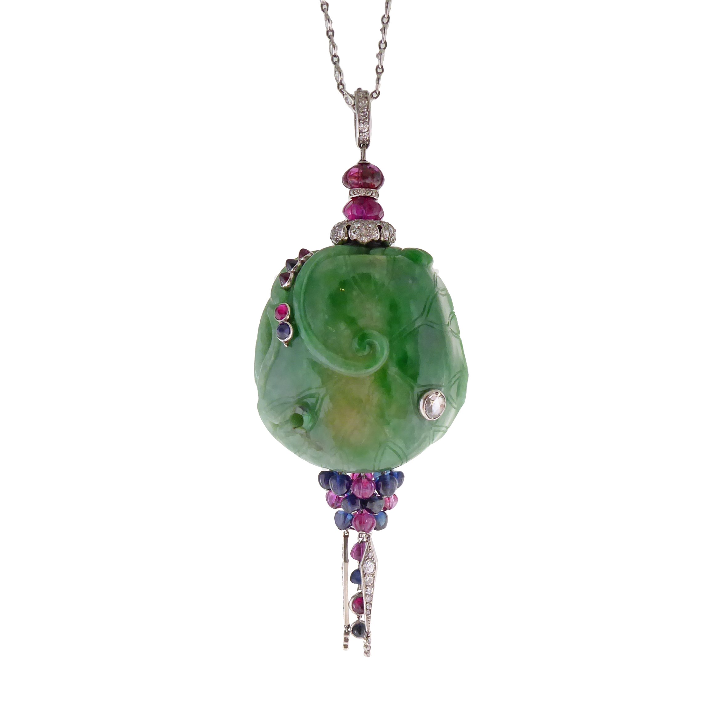 Early Art Deco diamond carved jade and ruby and sapphire bead