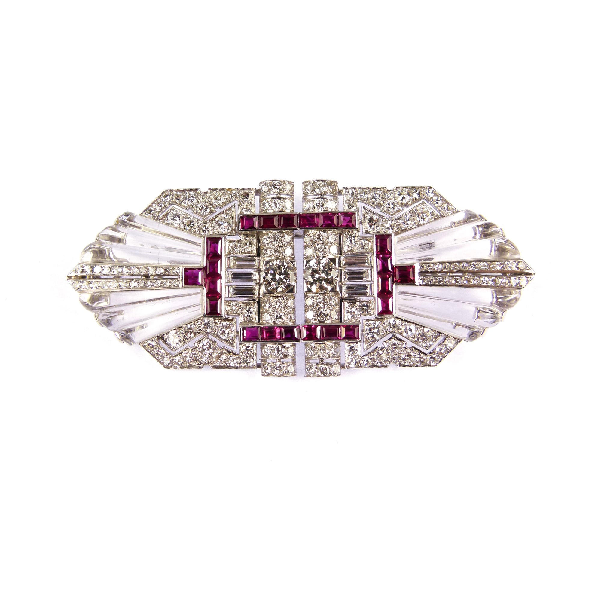 Diamond, ruby and carved rock crystal double clip brooch, | Object | S ...